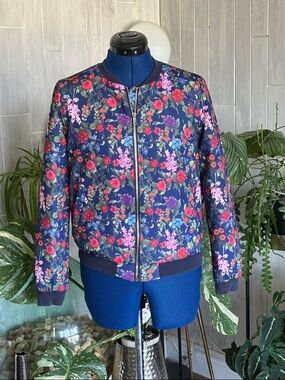 Navy Floral Bomber Jacket - Women's Zip Front